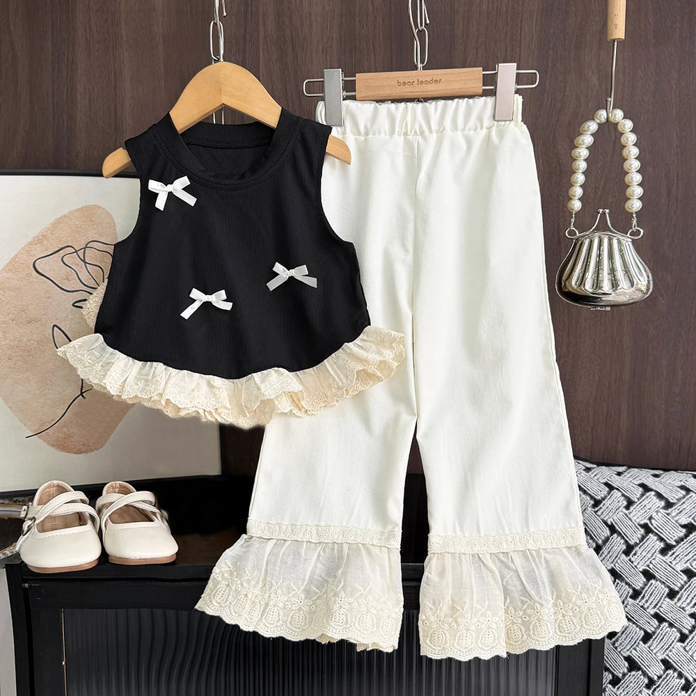 Korean Casual Children's Set Bow Decoration Black Sleeveless Vest+Pants Two-piece Set Lace Stitching Girls Clothes