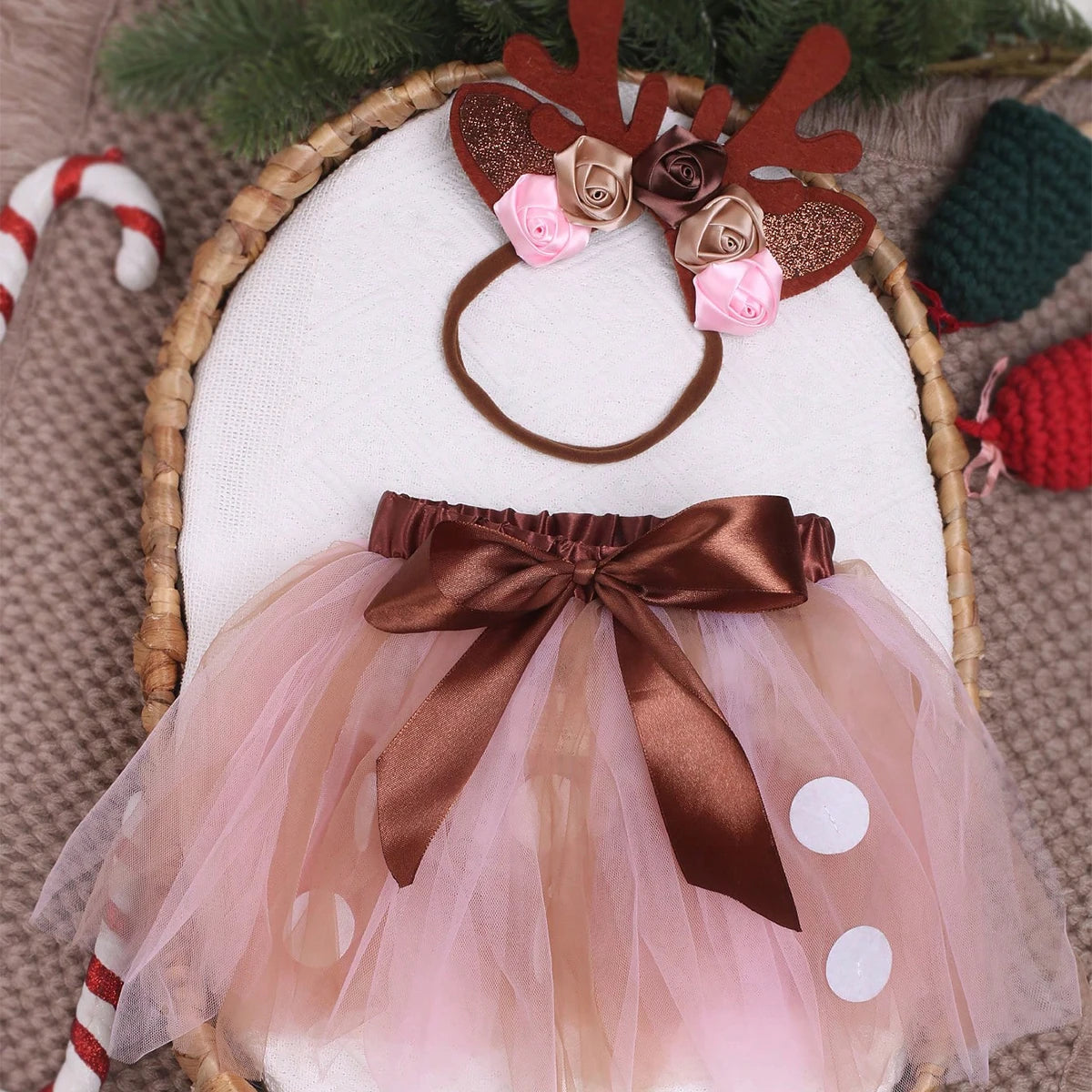 Newborn Girl Christmas Deer Outfit for Photo Shooting  Infant Photography TUTU Skirt with Flower Headband Picture Props