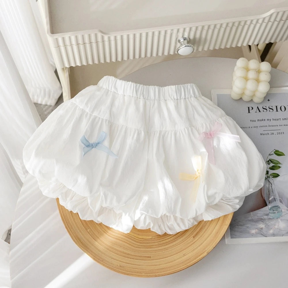 Summer Solid Color Girls Clothes Bow Decorative Shorts Korean Version Casual Folded Children's Clothing 3-7 Years