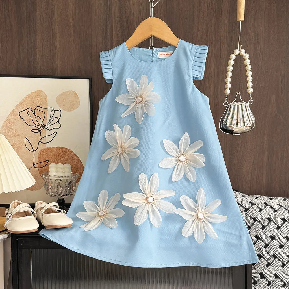 2-7 Years Summer New 3D Flower Vest Dress Girl's Princess Dresses Baby Kids Clothing Wedding Party Elegent Clothes