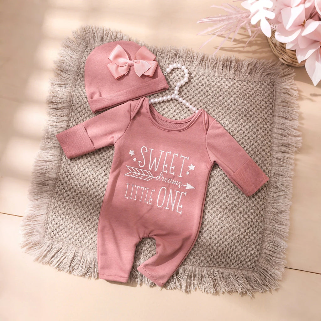 Newborn Photography Romper Jumpsuit with Bow Hat 'Hello World' Embroidery Infant Props for Coming Home Outfit Baby Gift