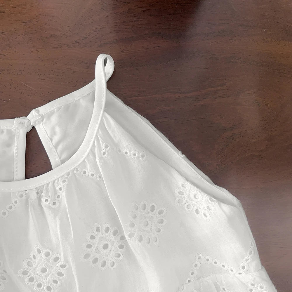 Cut-out Design Girl's Dress 2025 Summer Little Girl Fashion Sling White Holiday Medium Length Vest Dress Girls Dress