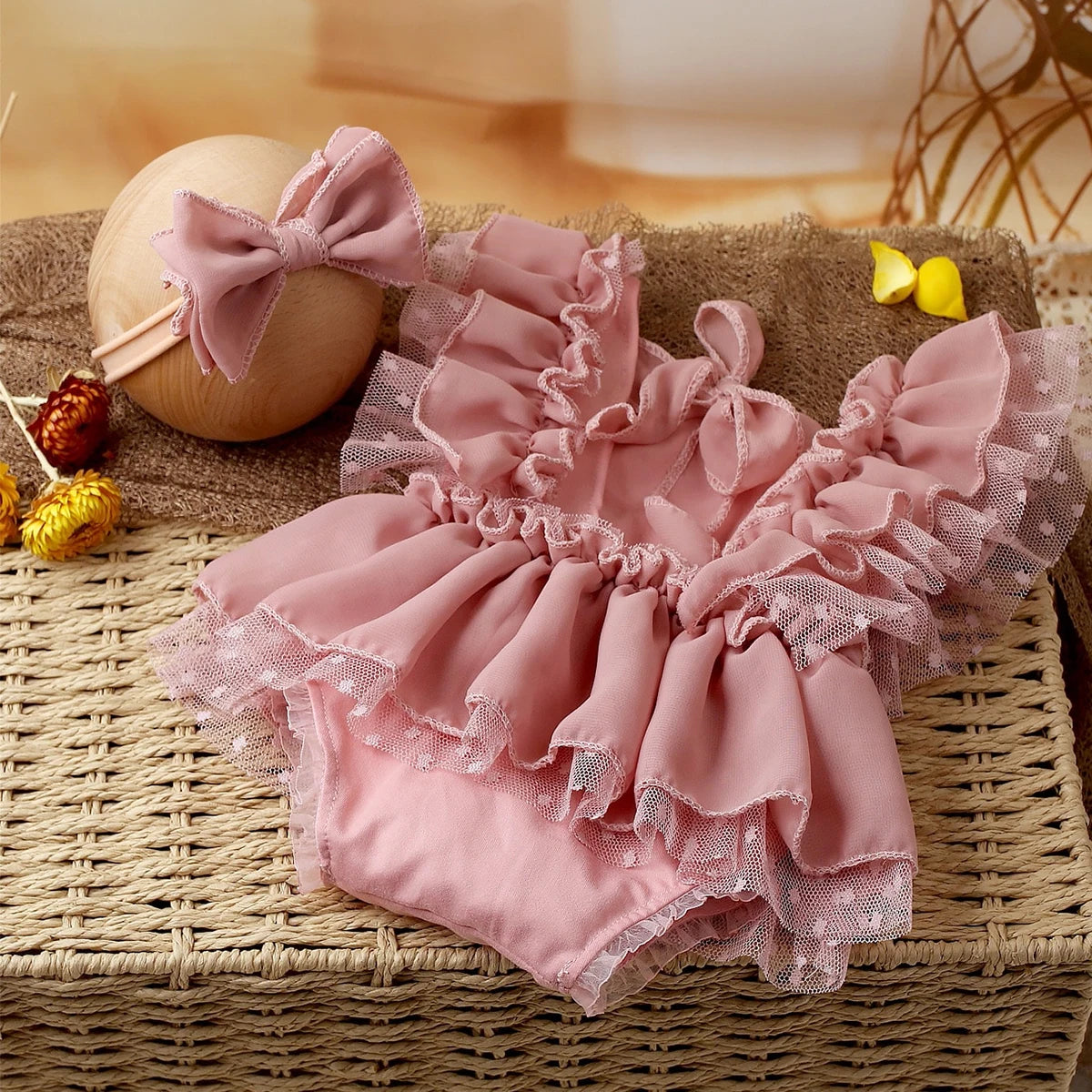 2 Pieces Set Dusty Pink Chiffon Newborn Romper with Bow Hairband Dot Lace Baby Photography Outfits
