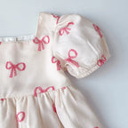 Short Sleeved Girls Clothing Summer New Bow Print Casual Dresses Sweet and Cute Kids Clothes for 3-7 Years Wear