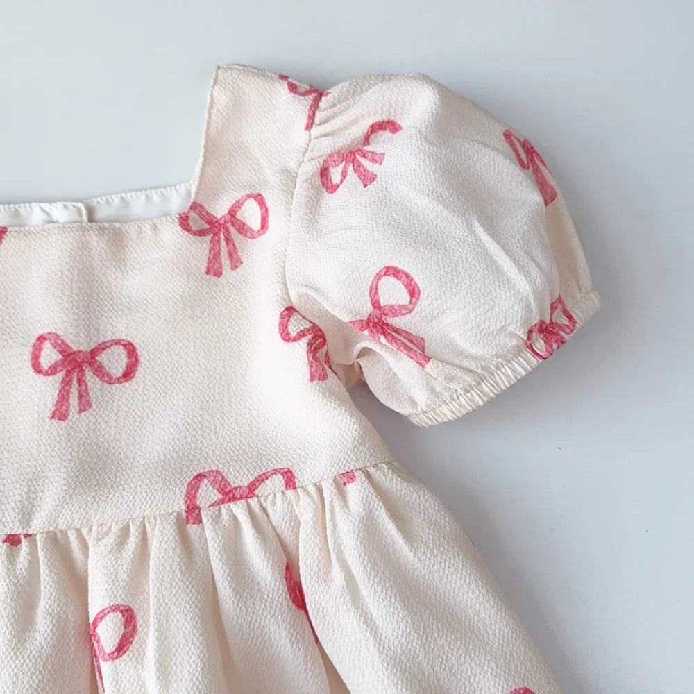 Short Sleeved Girls Clothing Summer New Bow Print Casual Dresses Sweet and Cute Kids Clothes for 3-7 Years Wear