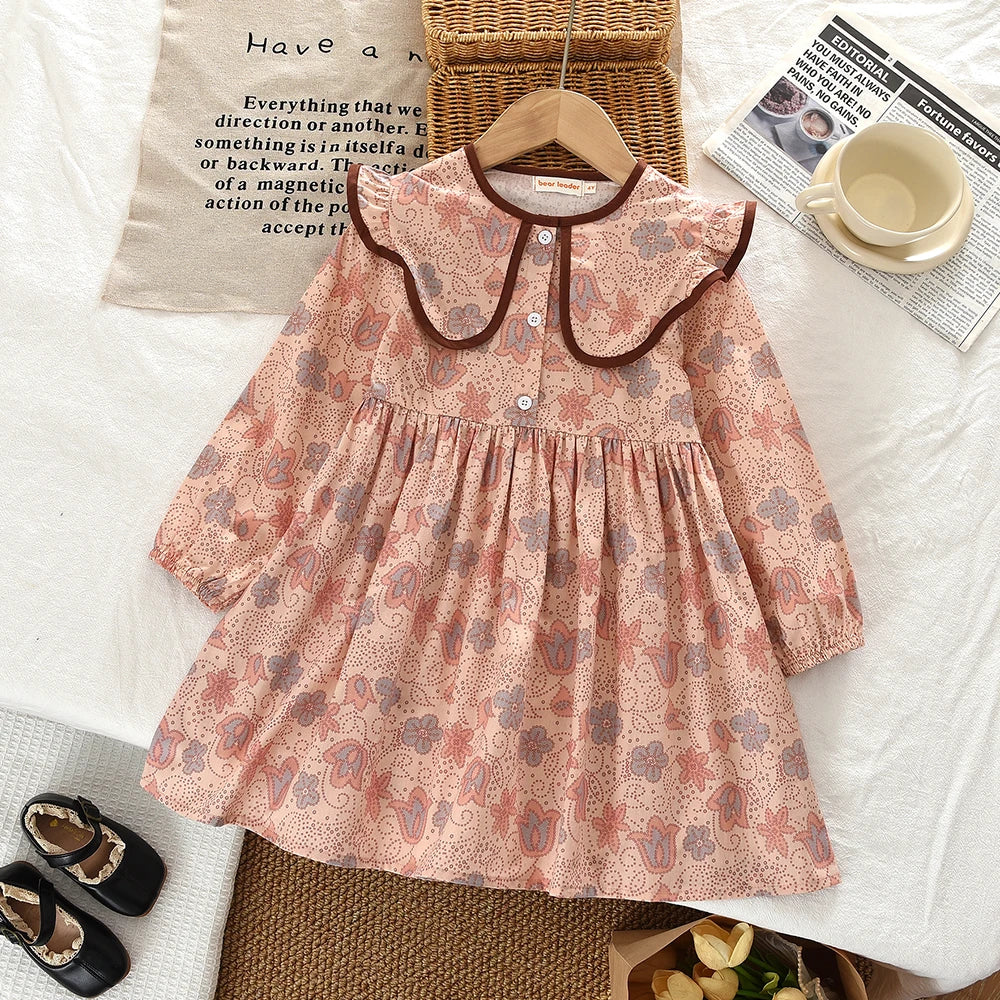 Autumn Spring New Girls' Dress Fashion Cute Doll Neck Flower Print Dress Children's Girls Long Sleeve Princess Dress