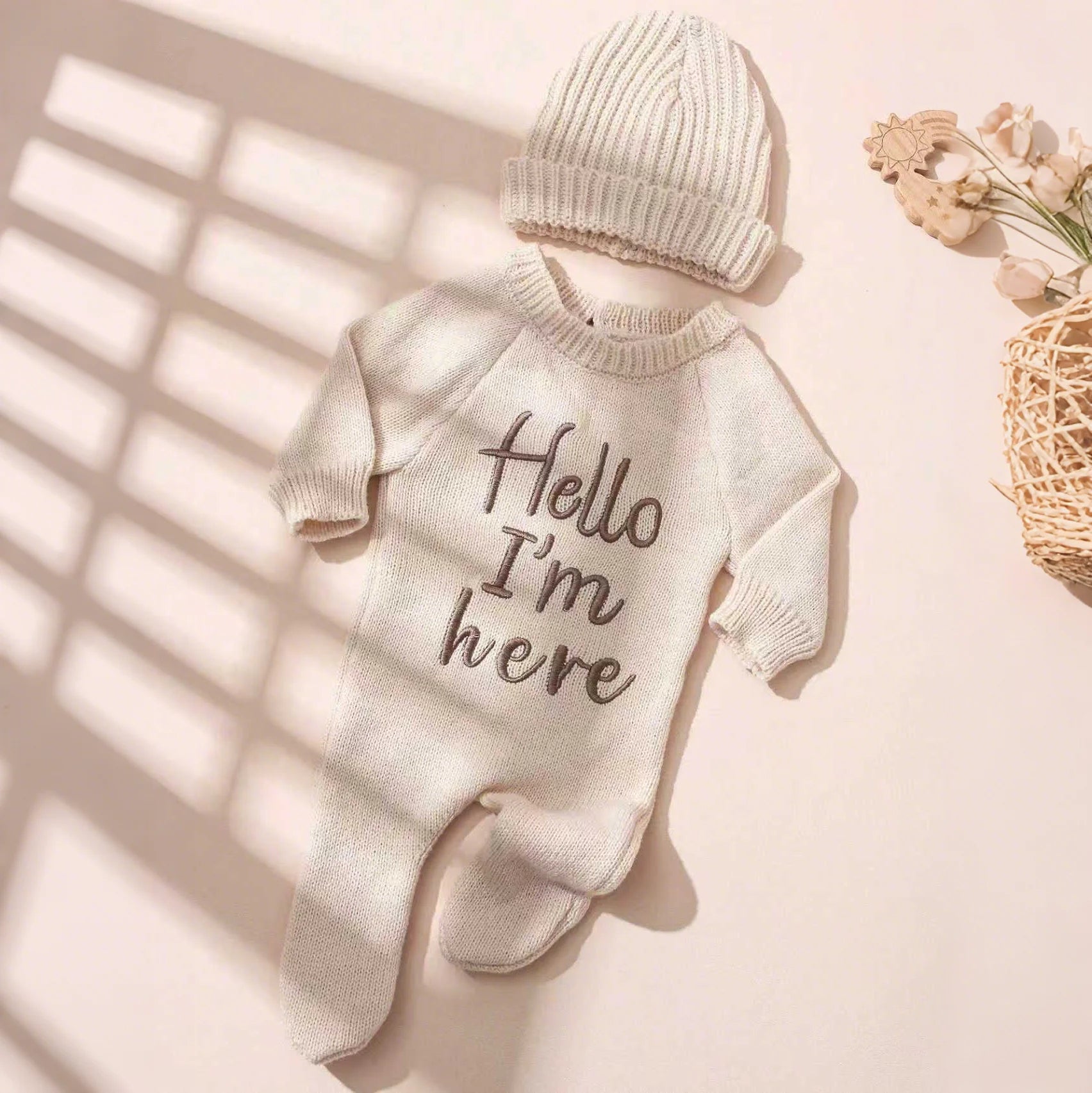 Embroidery Knitting Newborn Birth Announcement Outfits Footed Jumpsuit Baby Boy Girl Photography Props Newborn