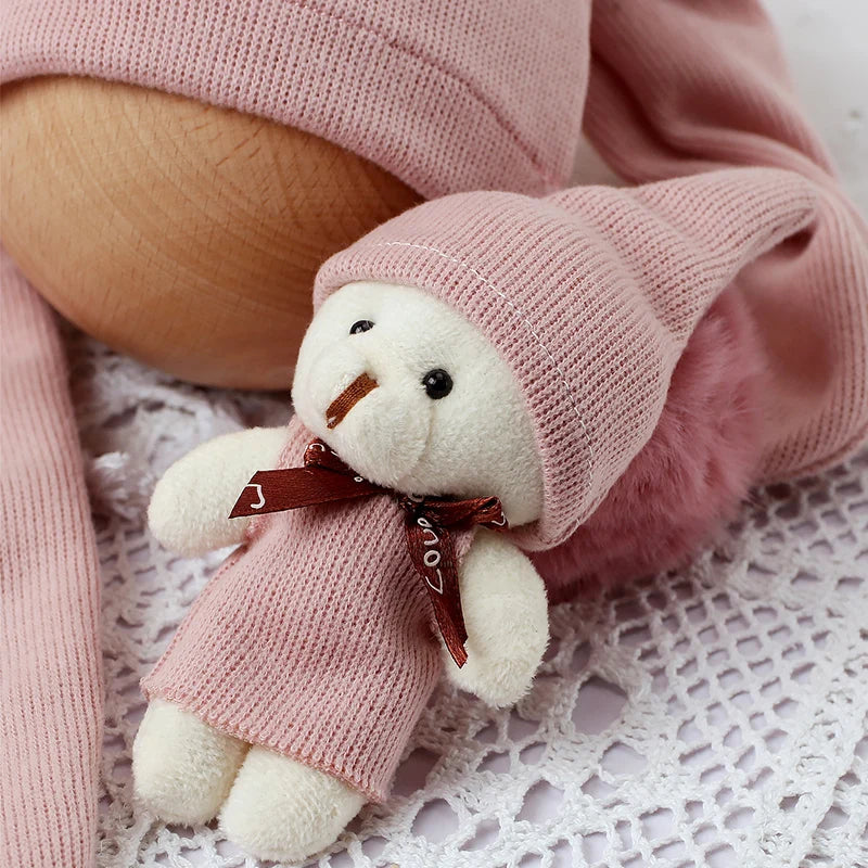 3 Pieces Set Newborn Jumpsuit Tail Pom Hat Set with Mini Doll Pink Baby Photography Outfit New born Girl Photo Props
