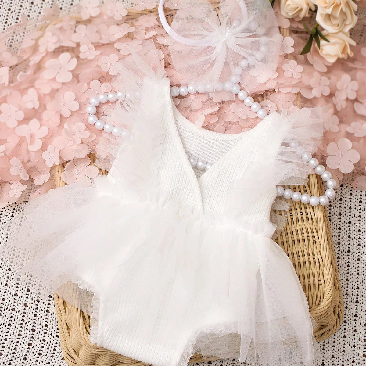 Newborn Outfit for Pictures Knitted Infant Photography Romper with Matching Headbands Mesh Dress Portrait Props