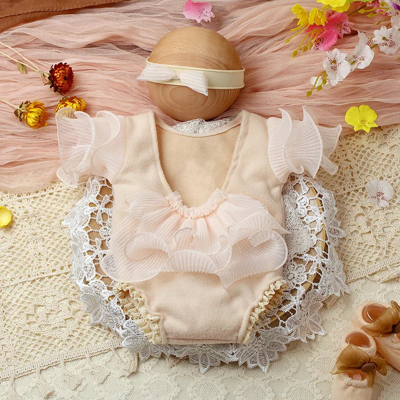 2 Pieces Set Beige Newborn Photography Costume Lace Romper Bow Headband Set Baby Girl Photo Shooting Outfits