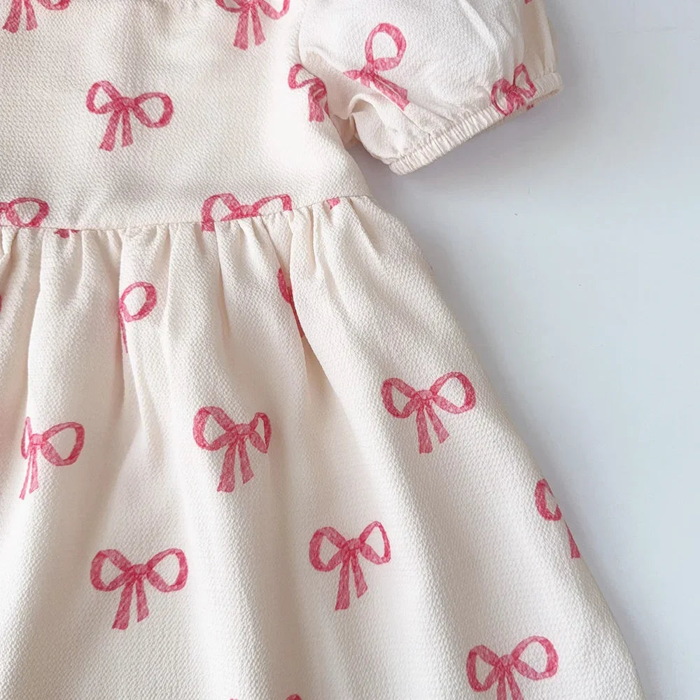 Short Sleeved Girls Clothing Summer New Bow Print Casual Dresses Sweet and Cute Kids Clothes for 3-7 Years Wear