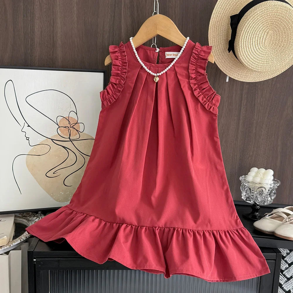 Korean Version Sleeveless Pleated Dress Solid Color Round Neck Children's Clothes Summer Kids Dresses for Girls Wear