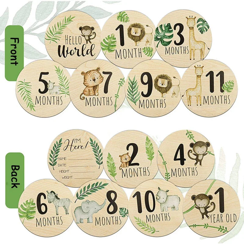 7pcs Newborn Photography Props Baby Milestone Card Animal Print Wooden Monthly Recording Commemorative Cards Baby Shower Gifts