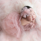 2 Pieces Set Dusty Pink Newborn Lace Romper for Photo Shooting Fluffy Mesh Lace Photography Outfits with Headband