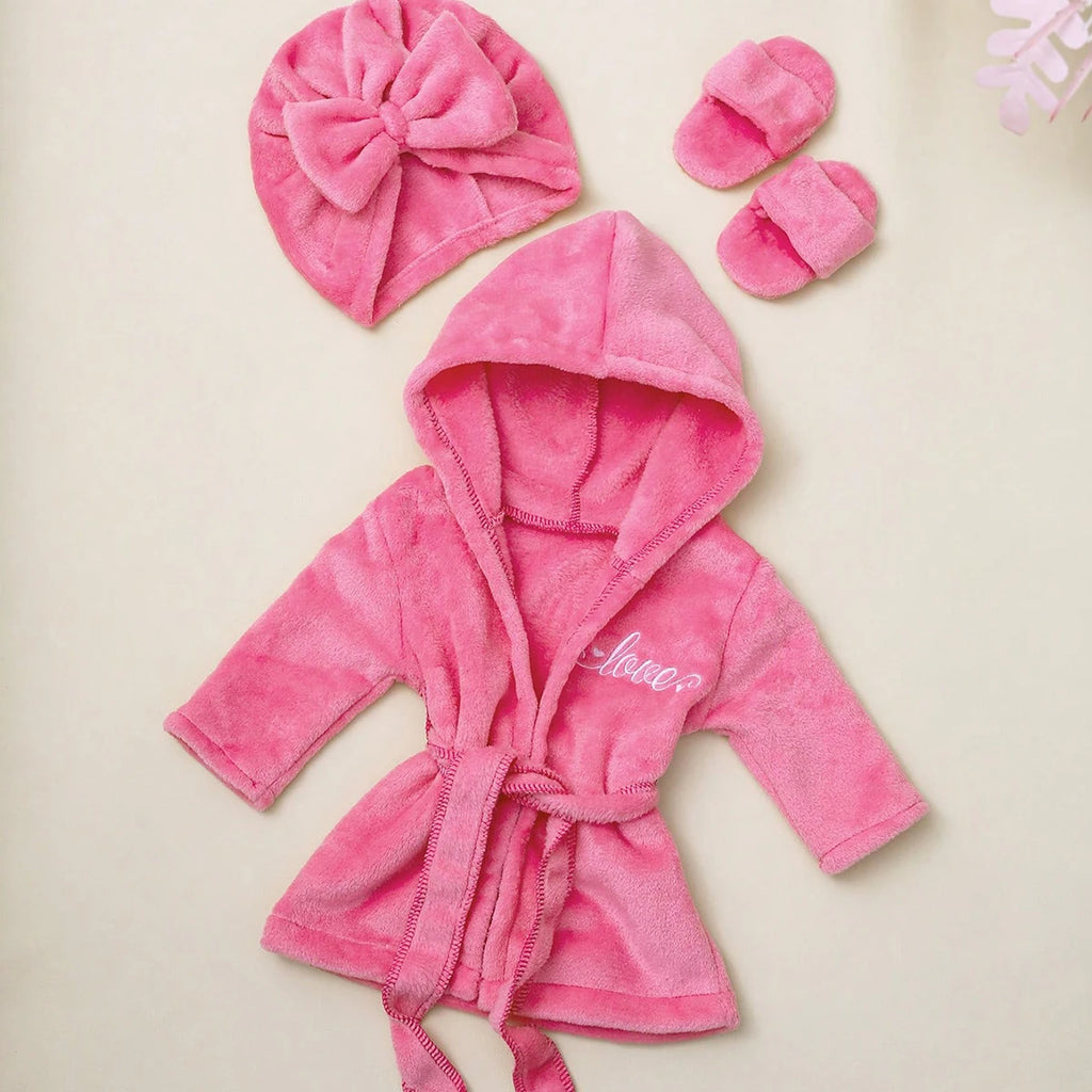 Newborn Photography Bathrobe with Turban Hat and Slippers Love Embroidery Baby Girl Pajama Gown Infant Photoshoot Outfit