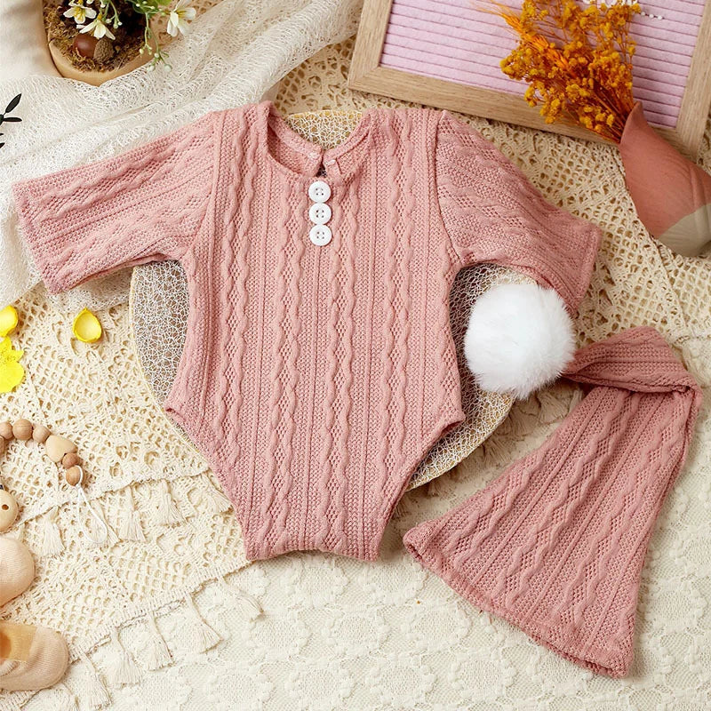 2 Pieces Set Newborn Photo Shooting Clothes Knitting Baby Boy Jumpsuit with Pompom Hat Infant Photography Props