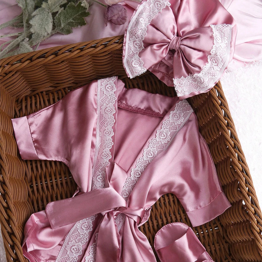 Newborn photography outfits set 1 month 100 days baby girl lace bathrobe with bow turban hat and slippers photo props