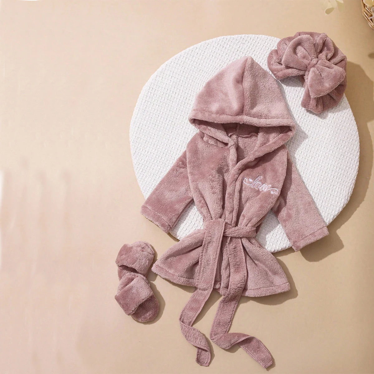 Newborn Photography Bathrobe with Turban Hat and Slippers Love Embroidery Baby Girl Pajama Gown Infant Photoshoot Outfit