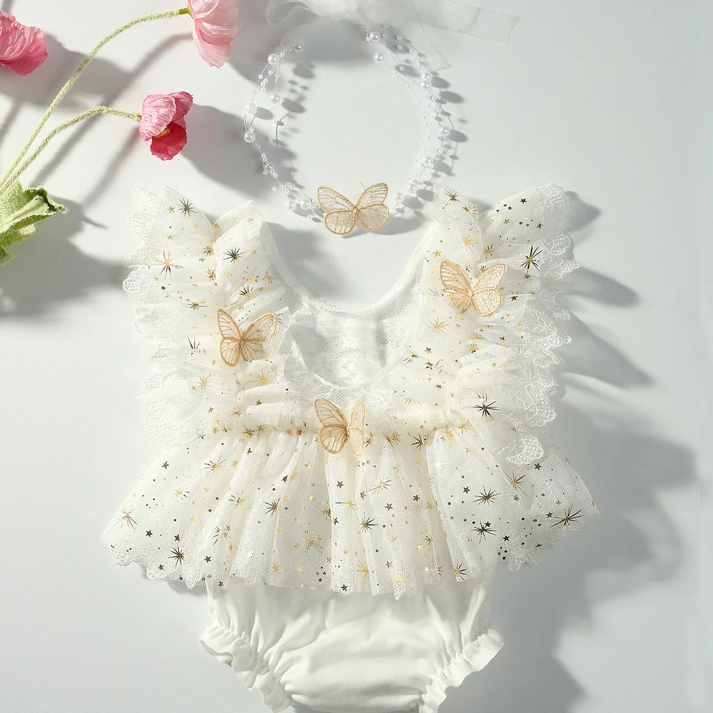 Newborn Photography Outfit Baby Girl Butterfly Glitter Star Lace Romper with Pearl Headband Infant Photo Props
