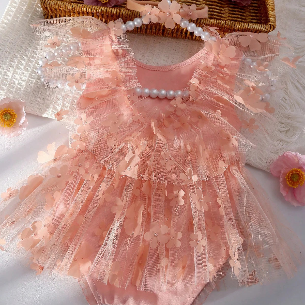2 Pieces Set Newborn Girl Photography Outfits Embroidery Flower Romper with Headband Baby Photo Shooting Clothes