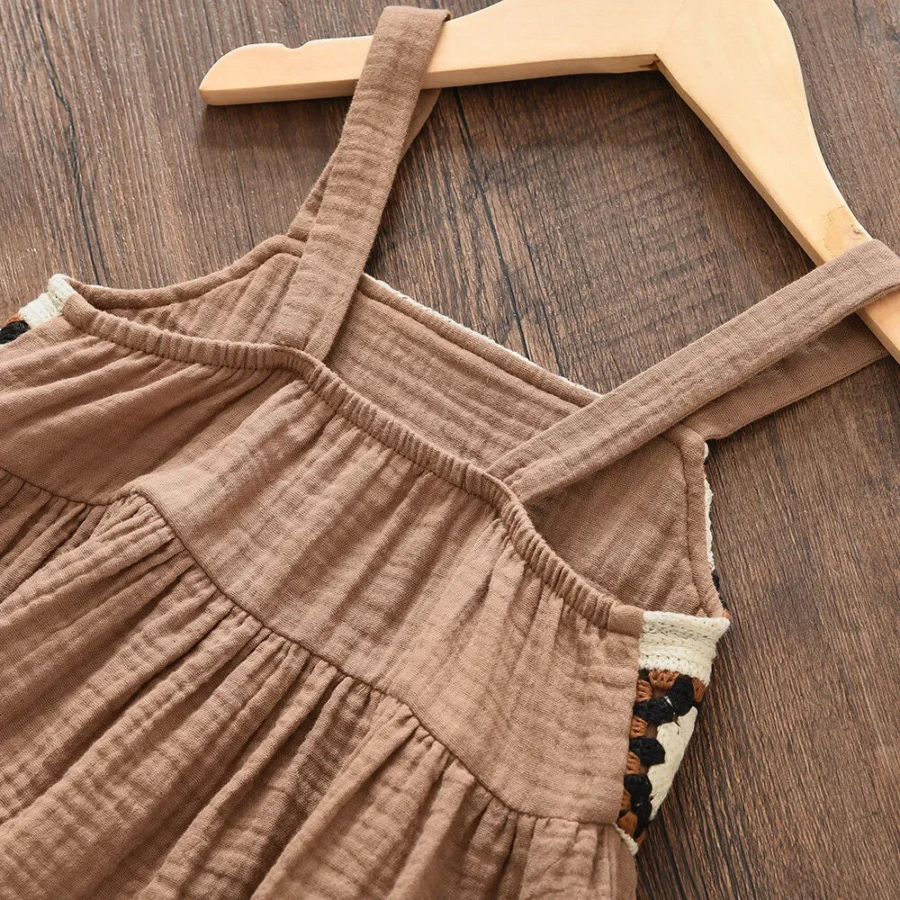 Girls Suit Summer Brown Retro Printed Plaid Camisole Top + Beige Pants Sweet Two-piece Set 3-7 Years Old
