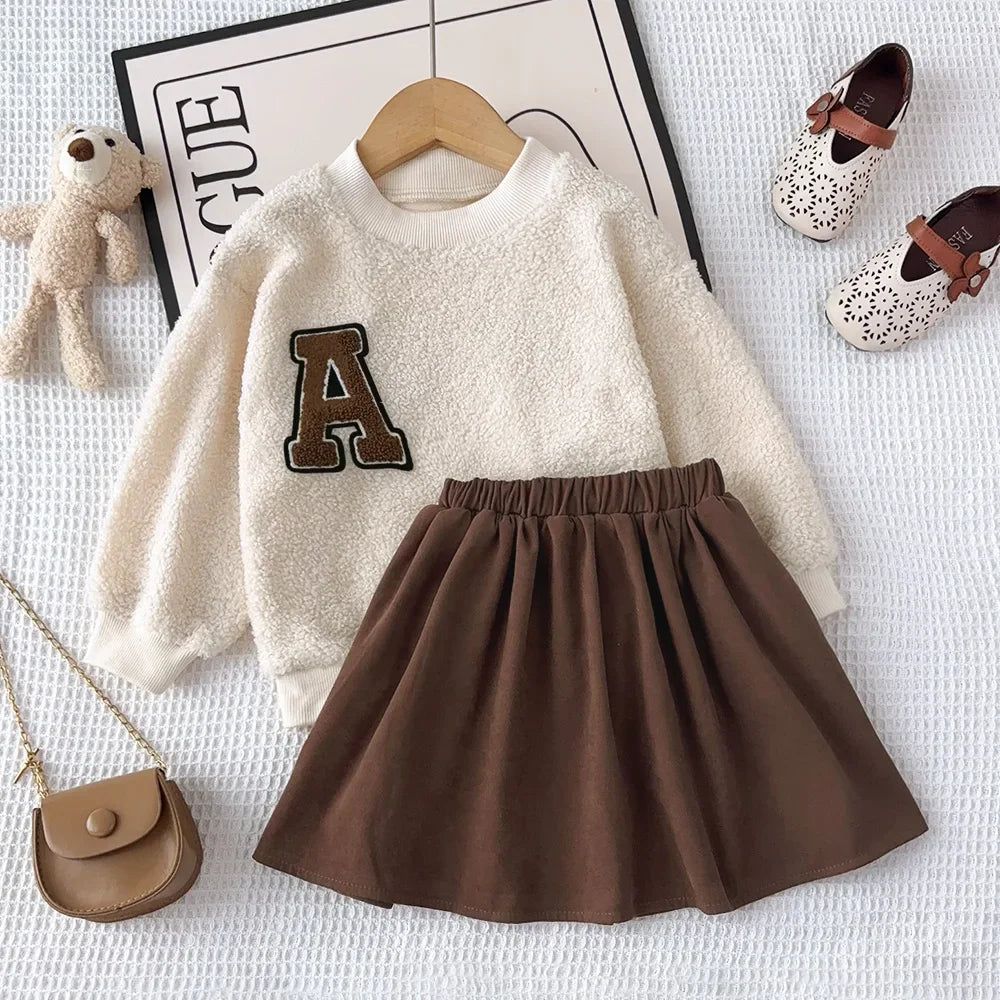 3-7 Year Old Autumn and Winter Plain Kids Clothes Girls Long Sleeved Plush A-line Top+Short Skirt Two-piece Set