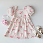 Short Sleeved Girls Clothing Summer New Bow Print Casual Dresses Sweet and Cute Kids Clothes for 3-7 Years Wear