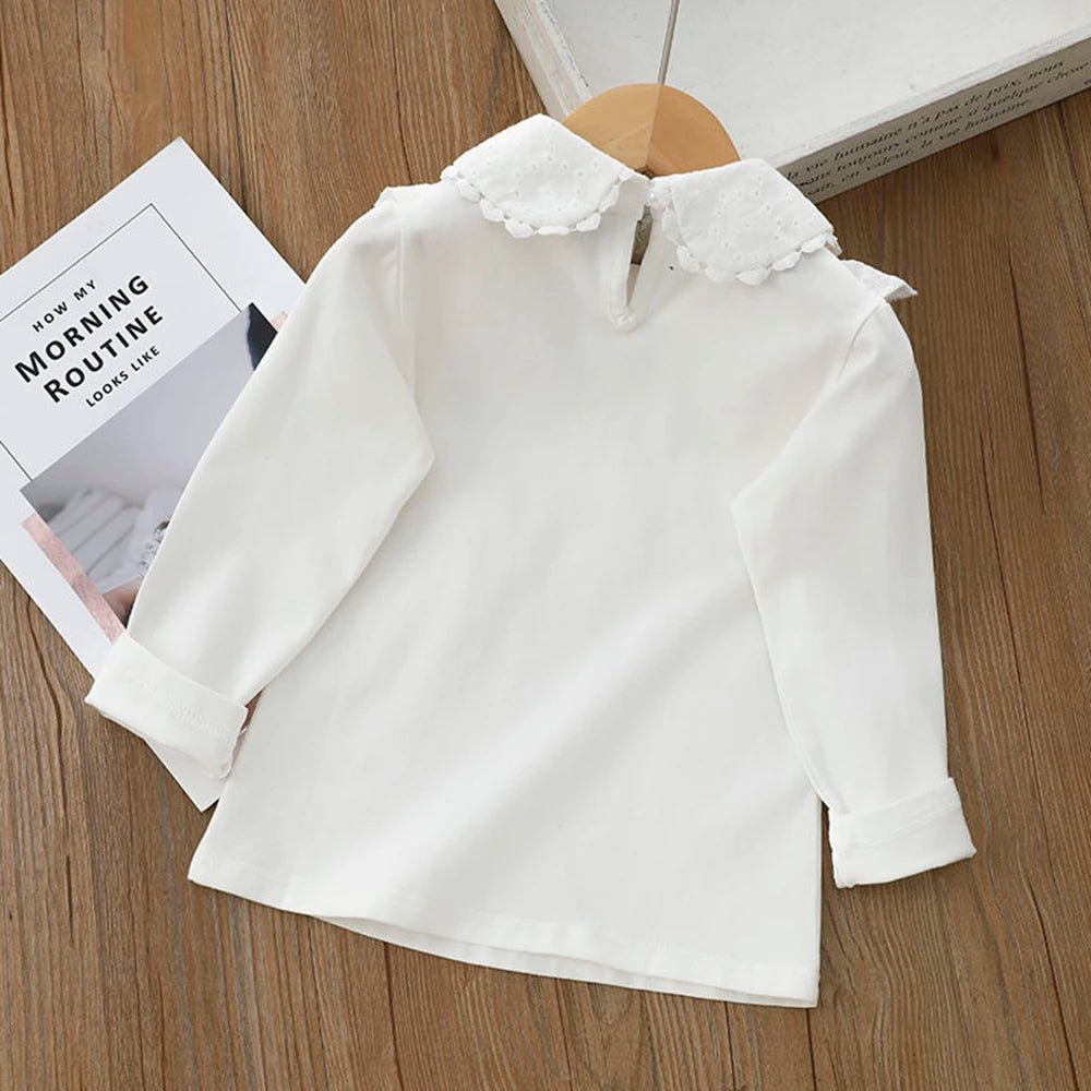 Girls' White Long Sleeve Lace Pearl Bow Sweet Shirt Children's Cotton Casual Shirt