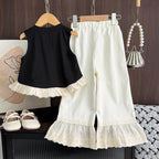 Korean Casual Children's Set Bow Decoration Black Sleeveless Vest+Pants Two-piece Set Lace Stitching Girls Clothes