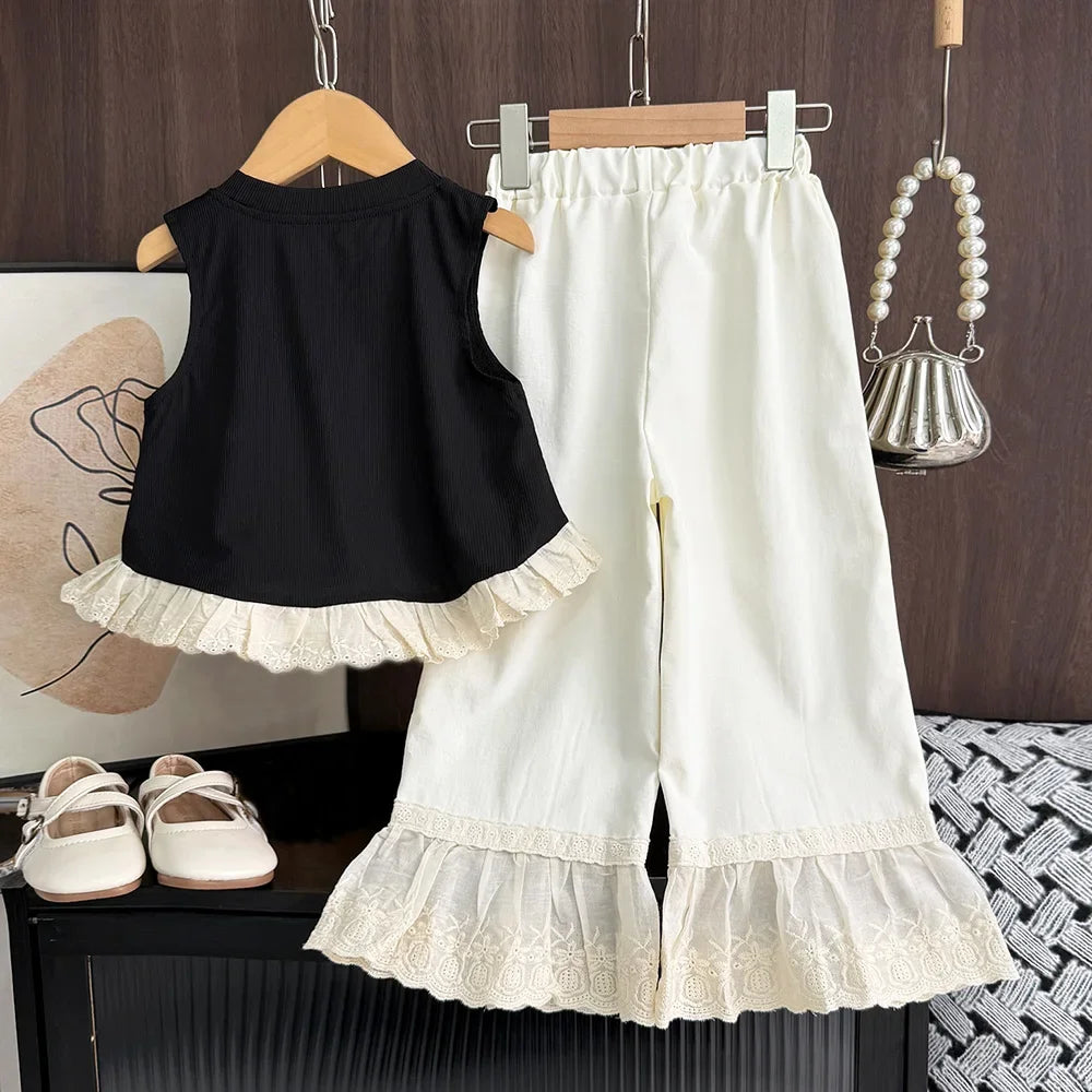 Korean Casual Children's Set Bow Decoration Black Sleeveless Vest+Pants Two-piece Set Lace Stitching Girls Clothes