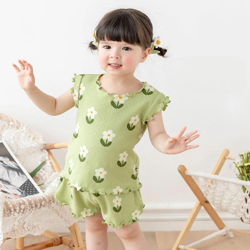 Summer New Pajama Baby Girl Clothes 3-7 Years Old Flower Printed Short Sleeved Top + Shorts Cute Children's Set