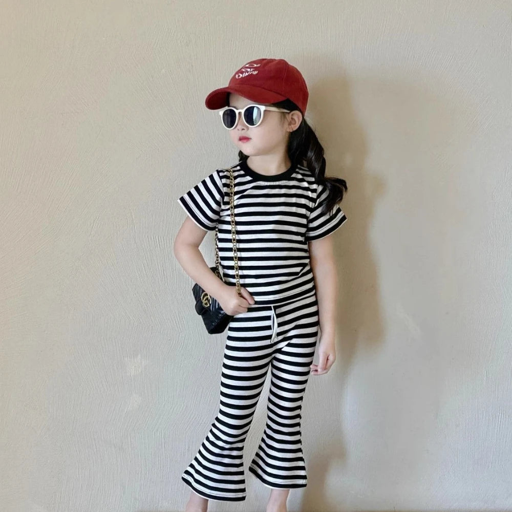 Summer New Easter Girls Casual Suit Korean Stripe Printed Short Sleeved Top+Bell Bottom Pants Fashion Two Piece Set