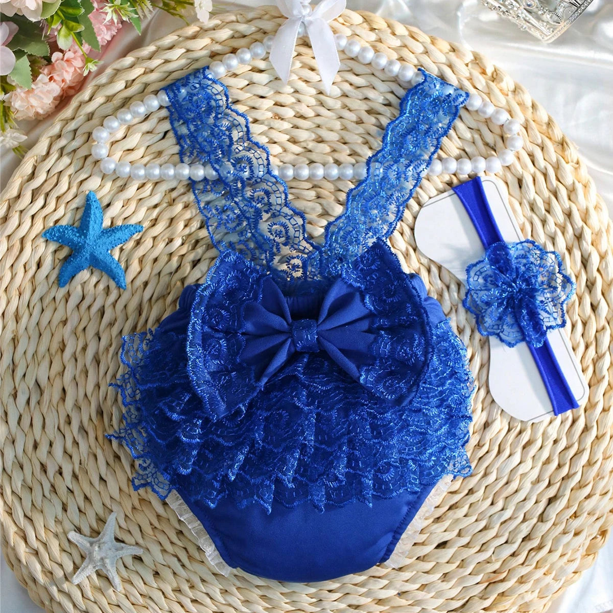 Newborn Photography Outfits Big Bowknot Baby Lace Romper with Hairband Blue Suspender Trousers Photo Shooting Overalls