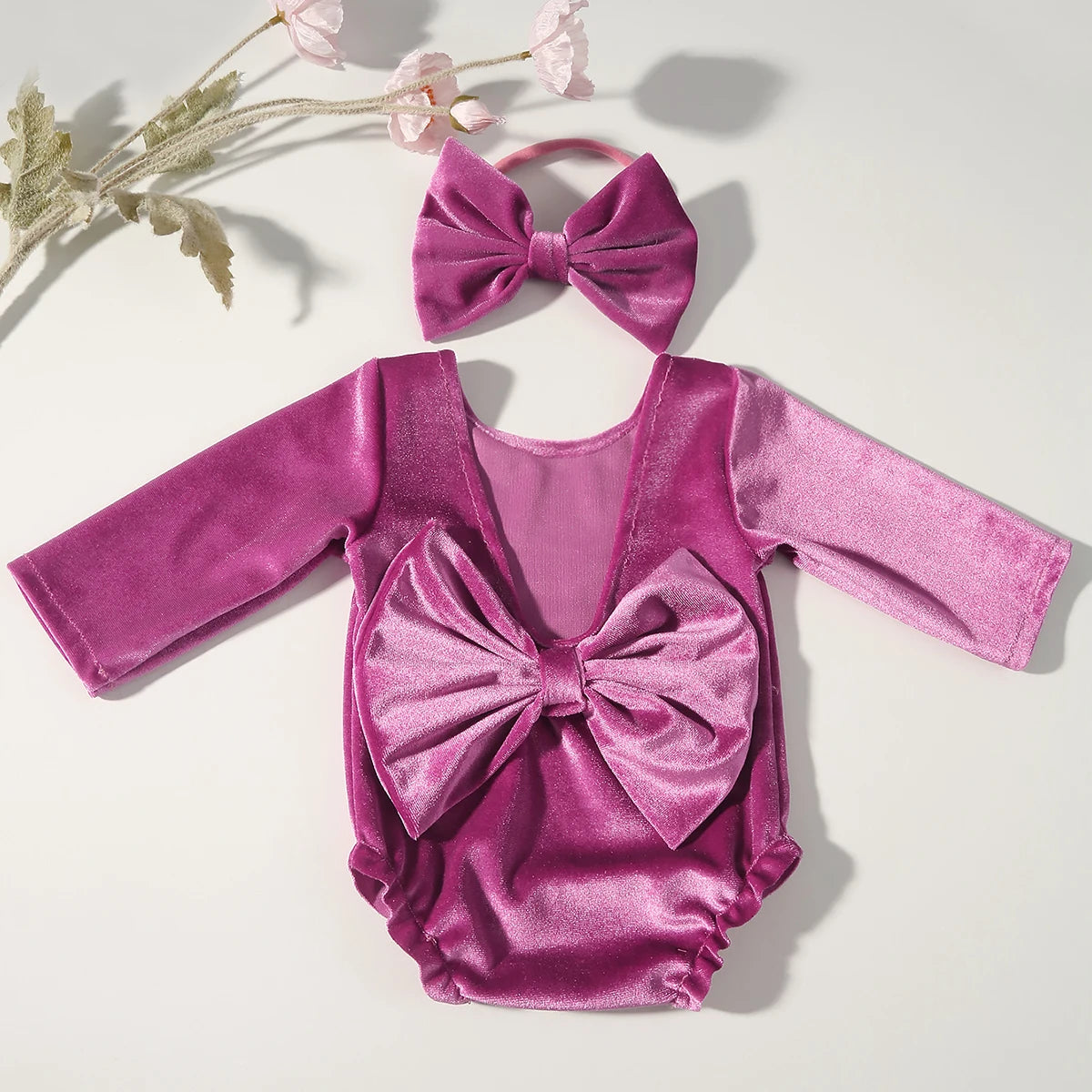 Newborn Girl Photoshoot Outfits Baby Back Bow Knot Romper with Bow Headband Bowknot Infant Photo Props  Picture Costume