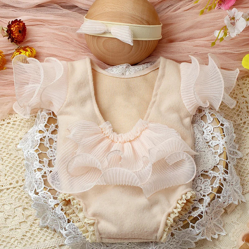 2 Pieces Set Beige Newborn Photography Costume Lace Romper Bow Headband Set Baby Girl Photo Shooting Outfits
