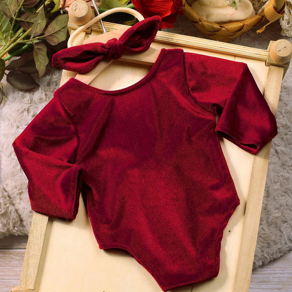 Newborn Christmas Outfit for Photo Shooting Baby Girl Back Bow Burgundy Velvet Romper With Rabbit Ear Headband