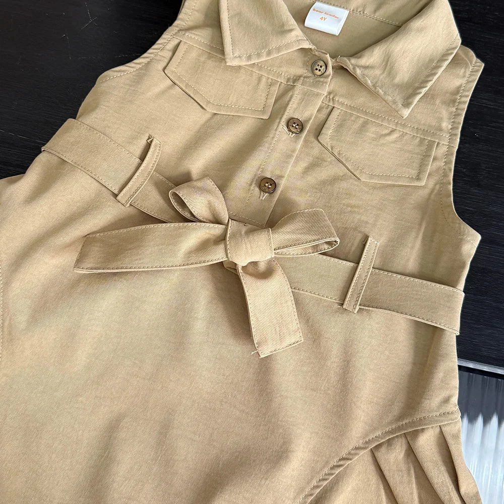 Fashion Girls Windbreak Dresses Summer Sleeveless Work Outfits with Waistband Solid Color Kids Clothes