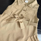 Fashion Girls Windbreak Dresses Summer Sleeveless Work Outfits with Waistband Solid Color Kids Clothes