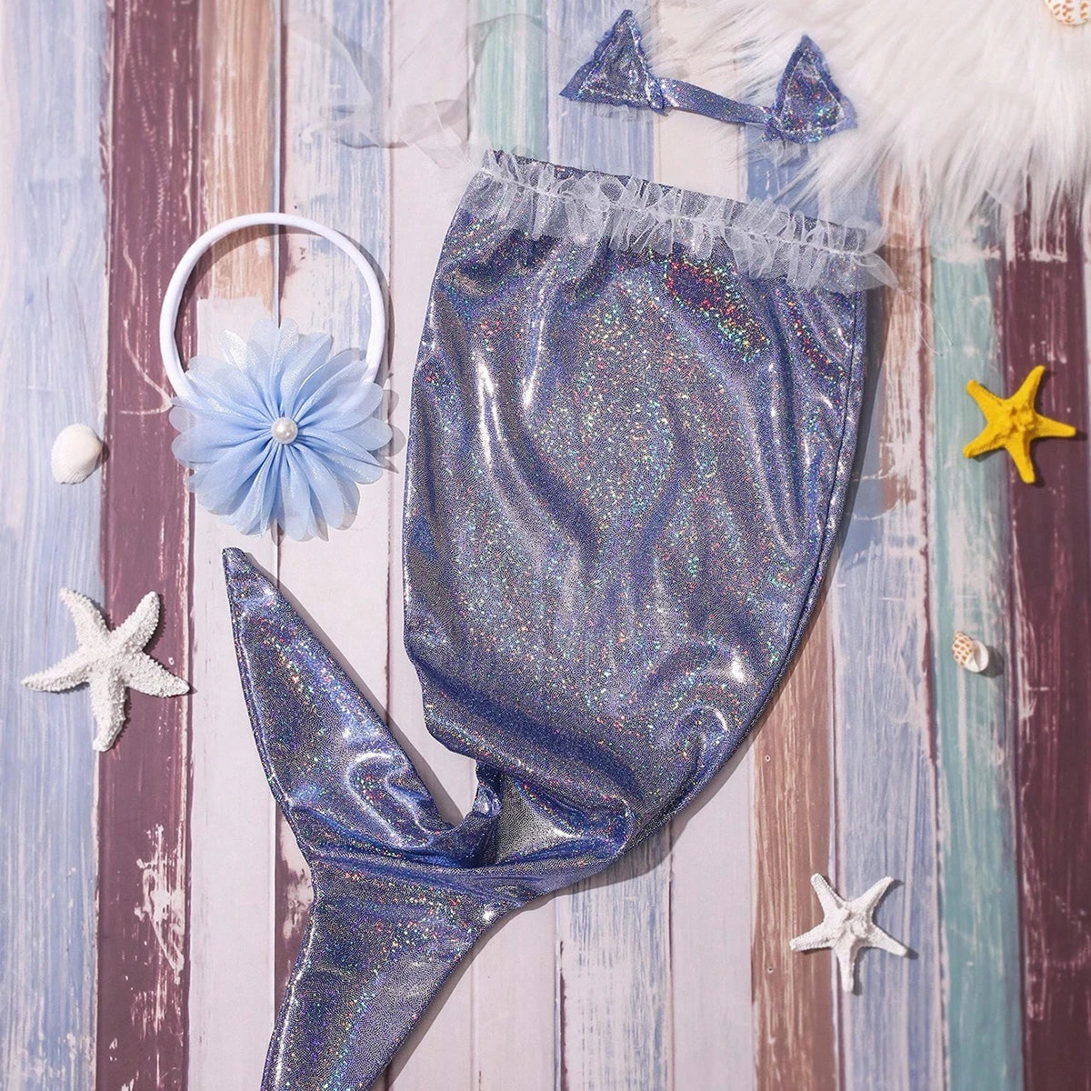 Newborn Photography Props Costume Lavender Mermaid Tail Outfit with Headband Baby 1 Month 100 Days Photo Shooting Props