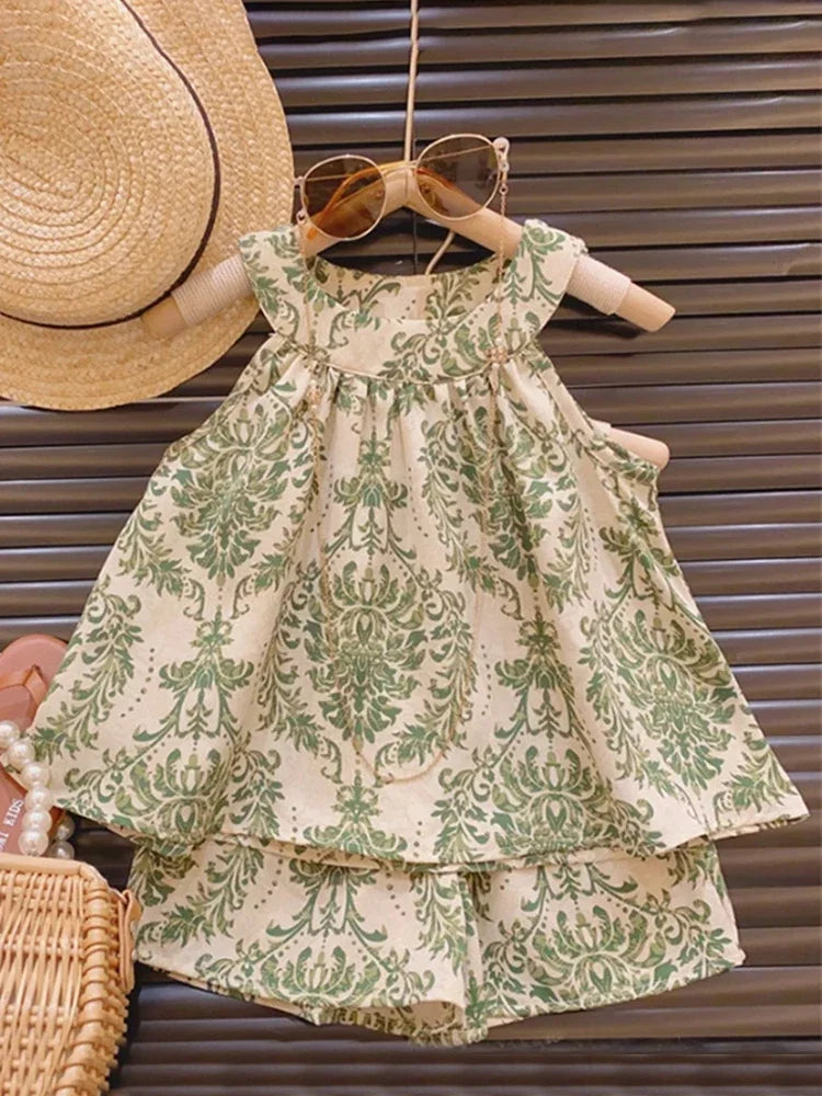 Floral Halterneck Sleeveless Suspender Set Girl Refreshing Shorts Two-Piece Set