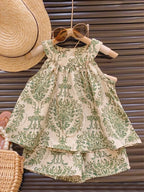 Floral Halterneck Sleeveless Suspender Set Girl Refreshing Shorts Two-Piece Set