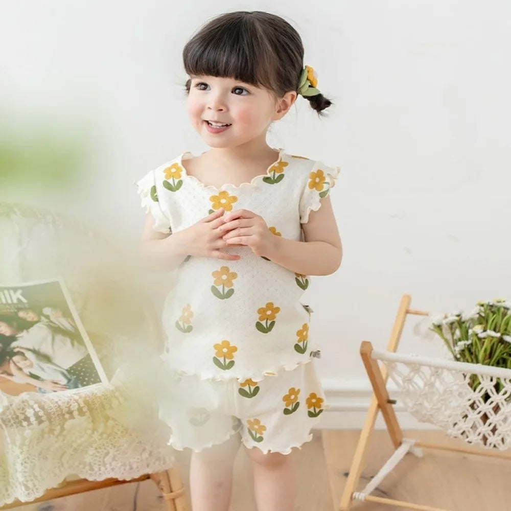 Summer New Pajama Baby Girl Clothes 3-7 Years Old Flower Printed Short Sleeved Top + Shorts Cute Children's Set
