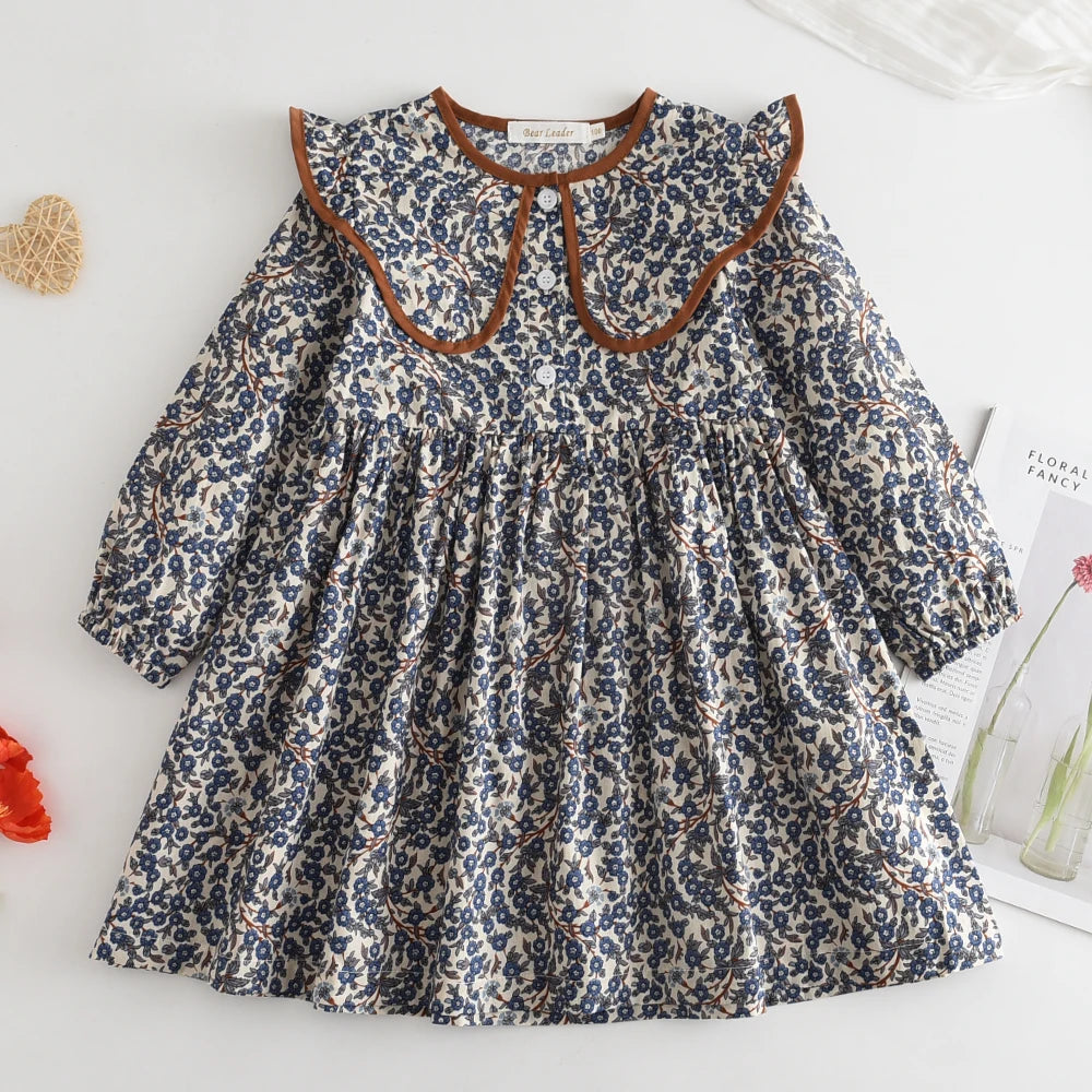Autumn Spring New Girls' Dress Fashion Cute Doll Neck Flower Print Dress Children's Girls Long Sleeve Princess Dress
