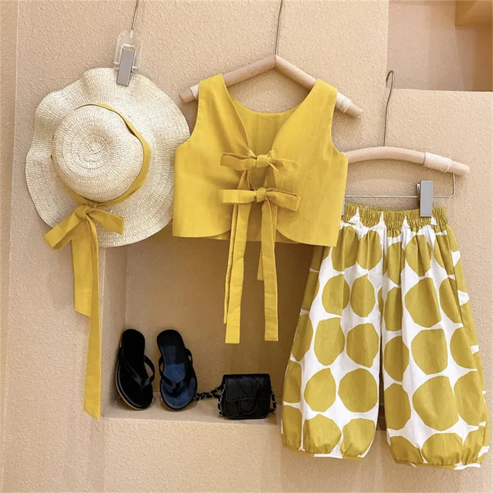 Korean Fashion Pastoral Backless Suit Thin Pullover Girl's Vest Top Polka Dot Knickerbockers Three Piece Cotton
