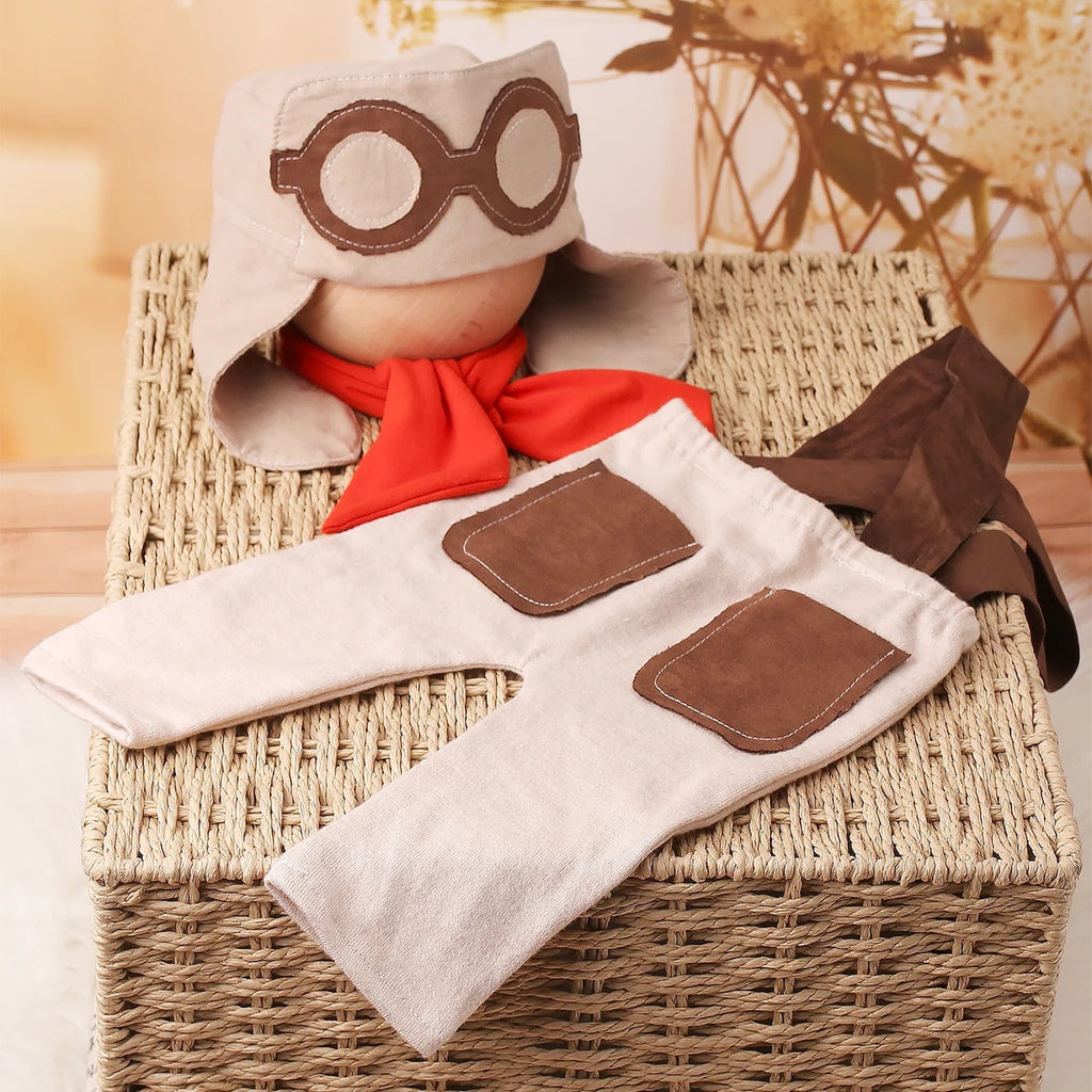 3 Pieces Set Newborn Boy Photography Outfit Infant Photo Props Shooting Overalls Aviator Glasses Cap with Red Scarf