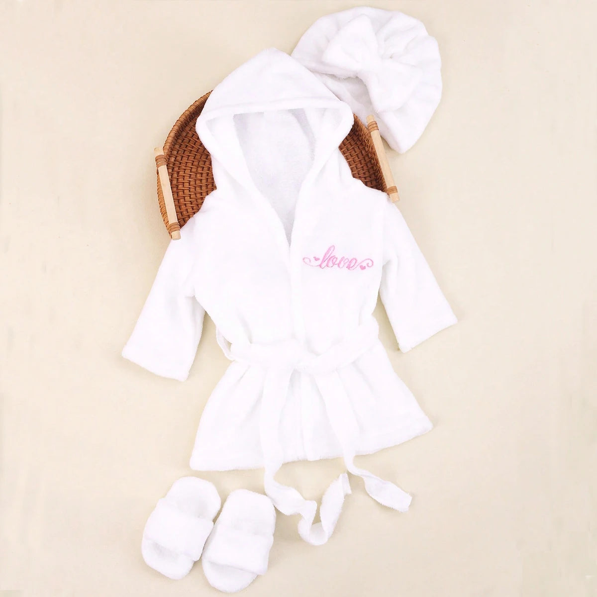 Newborn Photography Bathrobe with Turban Hat and Slippers Love Embroidery Baby Girl Pajama Gown Infant Photoshoot Outfit