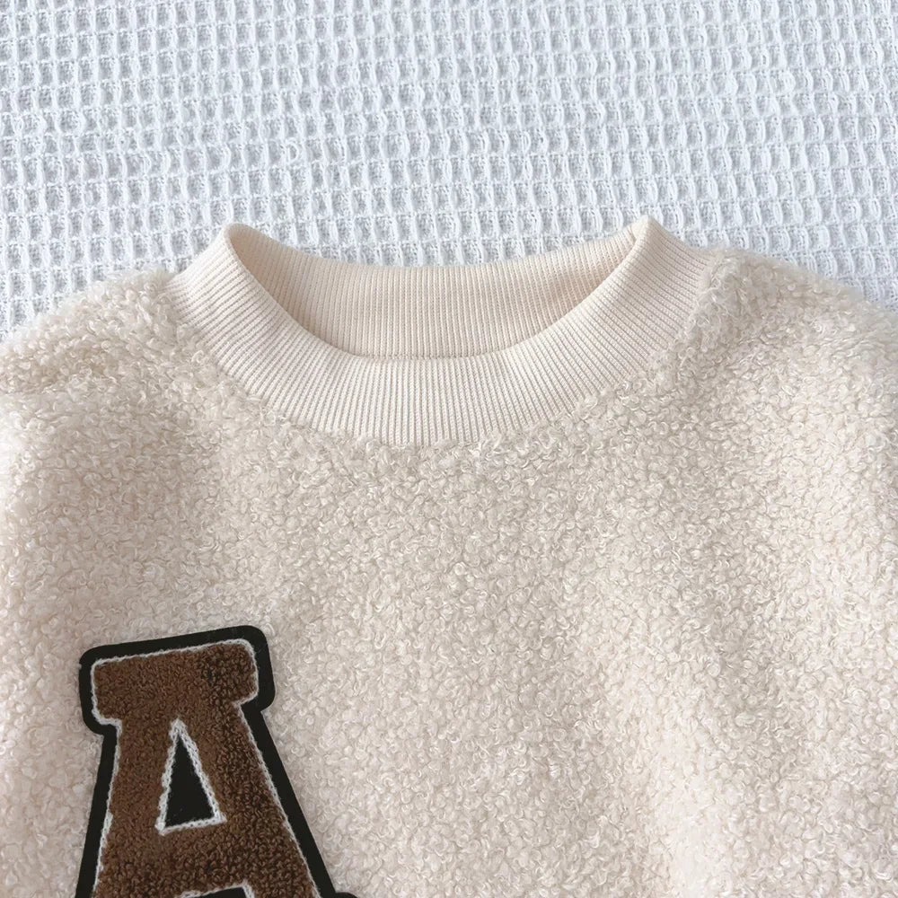 3-7 Year Old Autumn and Winter Plain Kids Clothes Girls Long Sleeved Plush A-line Top+Short Skirt Two-piece Set