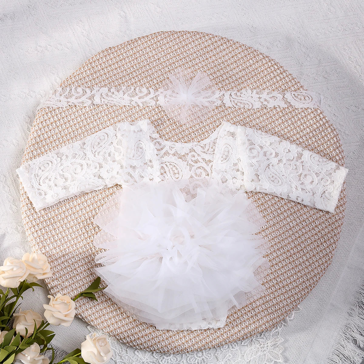 2 Pieces Set Dusty Pink Newborn Lace Romper for Photo Shooting Fluffy Mesh Lace Photography Outfits with Headband