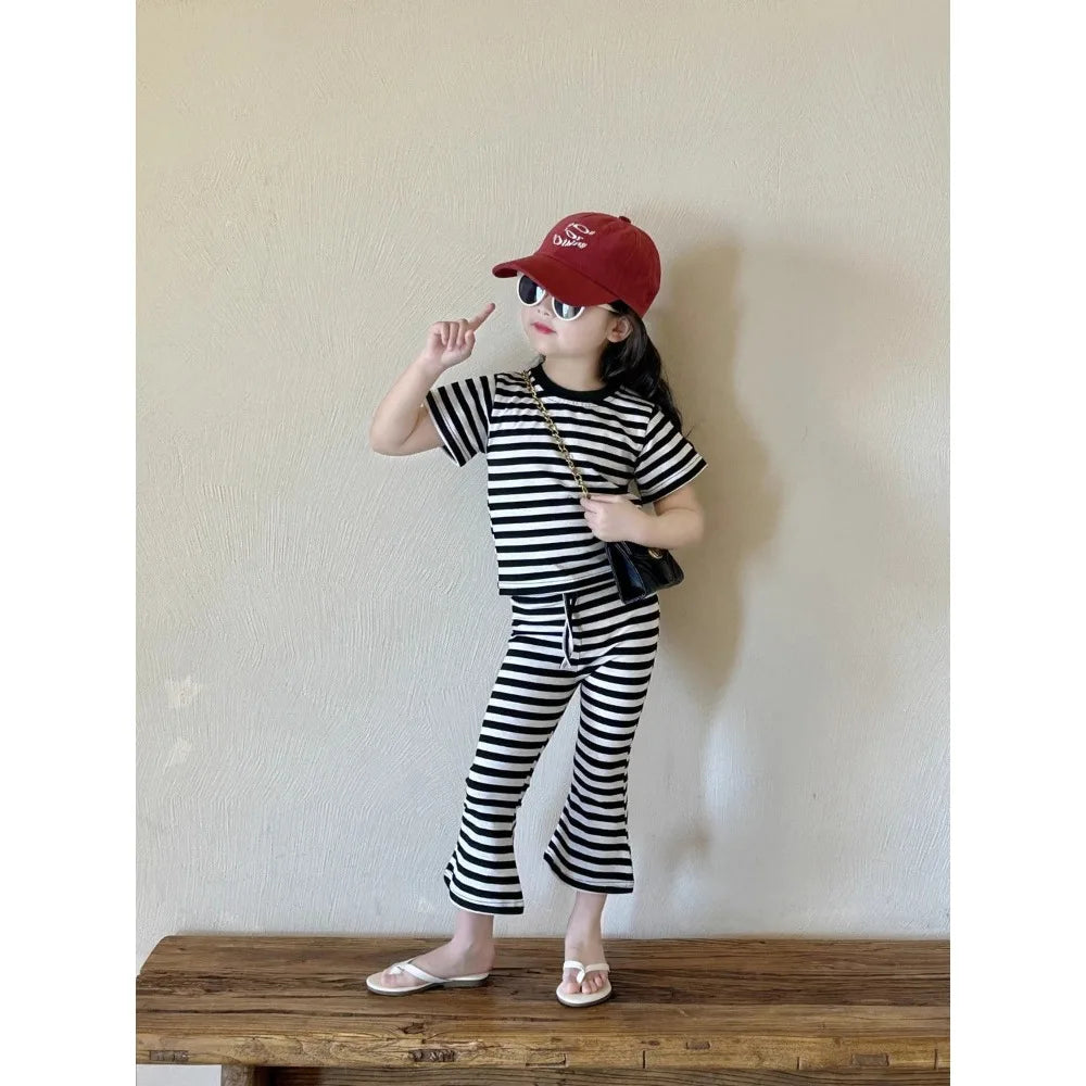 Summer New Easter Girls Casual Suit Korean Stripe Printed Short Sleeved Top+Bell Bottom Pants Fashion Two Piece Set