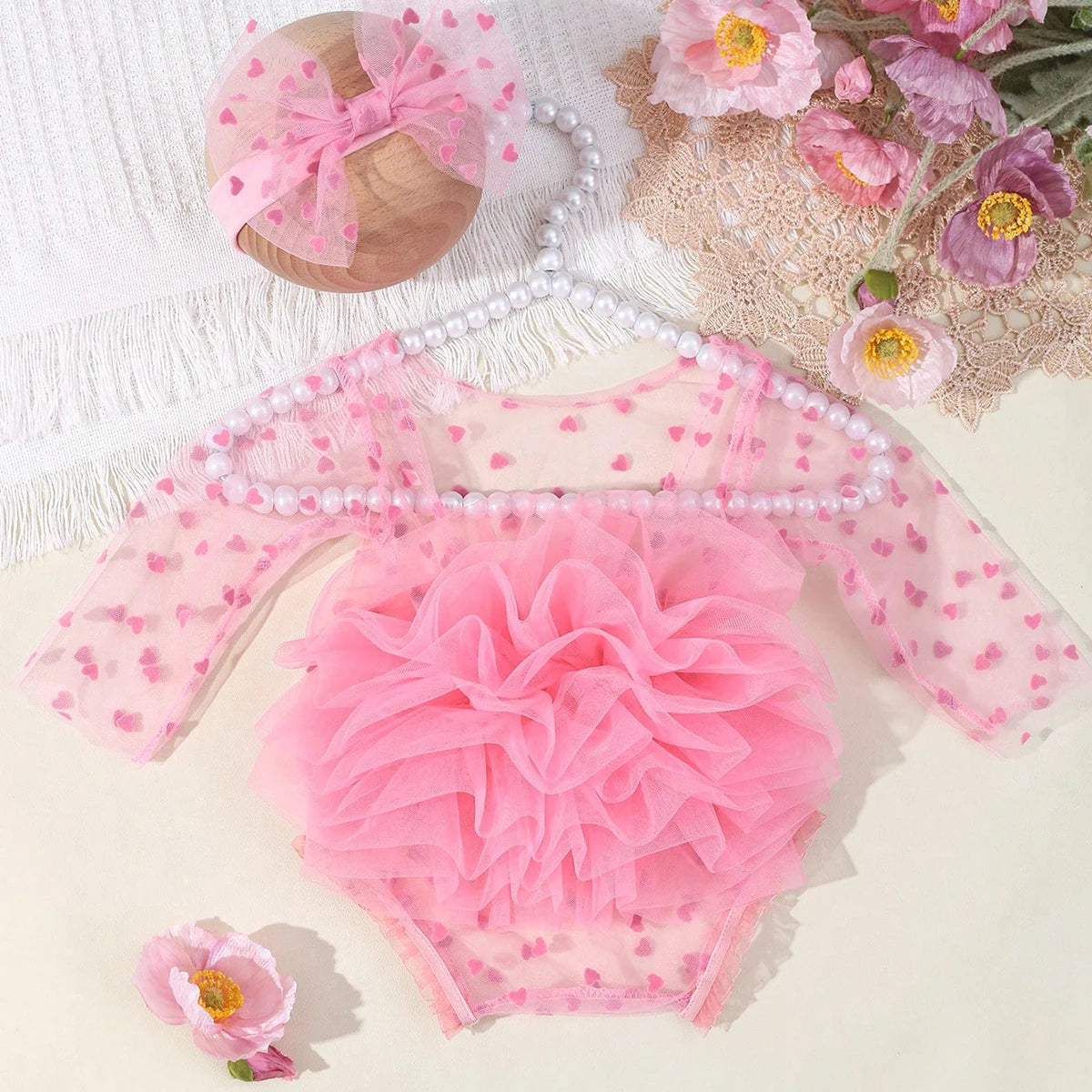 Circular Polka Dot Newborn Photography Romper with Bow Headband Baby Girl Photoshoot Outfits 1 Month Infant Picture Props